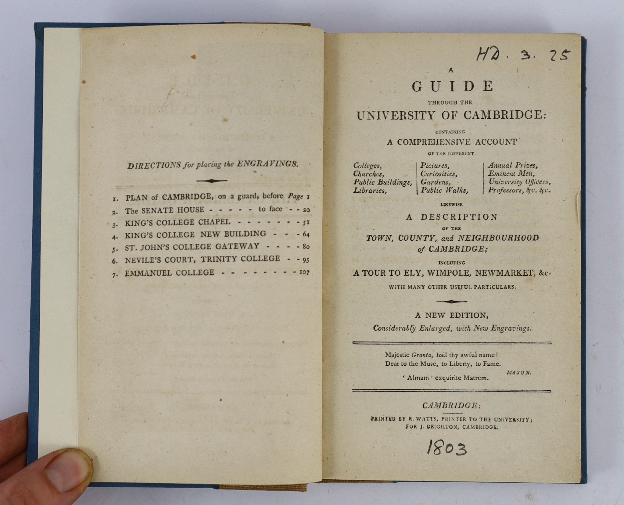 CAMBS: The Stranger's Companion: forming a complete guide through the University and Town of Cambridge ... 2nd edition (revised). folded plan and engraved illus.; original paper boards and printed label (later fabric spi